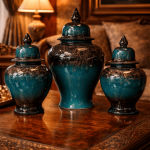 Ottique El İşçiliği Şah Vazo Seti – Mermer Efektli 3’lü Dekoratif Kapaklı Küp Takımı