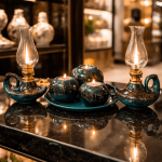 Ottique El İşçiliği Çini Gaz Lambası ve Mumluk Seti – 6 Parça Dekoratif Aydınlatma Takımı