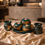 Ottique El İşçiliği Altın Yaldızlı Çini Mumluk ve Vazo Seti – 5 Parça Dekoratif Masa Takımı