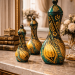 Ottique El İşçiliği Altın Yaldızlı Burgulu Çini Vazo Seti – Osmanlı Motifli 3’lü Dekoratif Vazo Takımı