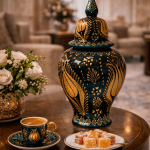 Ottique El İşçiliği Altın Yaldızlı Şah Vazo – Osmanlı Motifli Kapaklı Dekoratif Küp