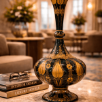 Ottique El İşçiliği Altın Yaldızlı Uzun Boy Çini Vazo – Osmanlı Motifli İnce Boyunlu Dekoratif Vazo