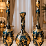 Ottique El İşçiliği Altın Yaldızlı Çini Vazo Seti – Osmanlı Motifli 3’lü Dekoratif Küp Takımı