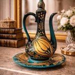 Ottique El İşçiliği Altın Yaldızlı Çini İbrik ve Tabak Seti – Osmanlı Motifli Dekoratif Set