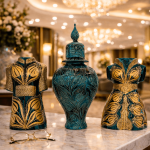 Ottique El İşçiliği Altın Yaldızlı Kaftan ve Şah Vazo Seti – Osmanlı Motifli Dekoratif 3’lü Set