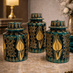 Ottique Lale Motif Kapaklı Çini Küp Seti – El İşçiliği 3’lü Dekoratif Küp