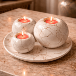 Ottique Kırık Çizgi Desen Mumluk Seti – 3’lü Dekoratif Mumluk & Tabak