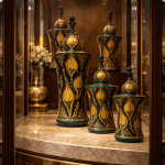 Ottique El İşçiliği Altın Yaldızlı Çini Küp Seti – Osmanlı Motifli 3’lü Dekoratif Vazo Takımı