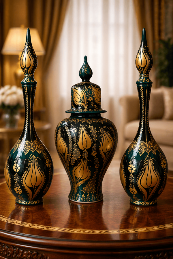 Ottique Kırık Desen Çini Vazo Seti – 3’lü Dekoratif Modern Vazo Takımı