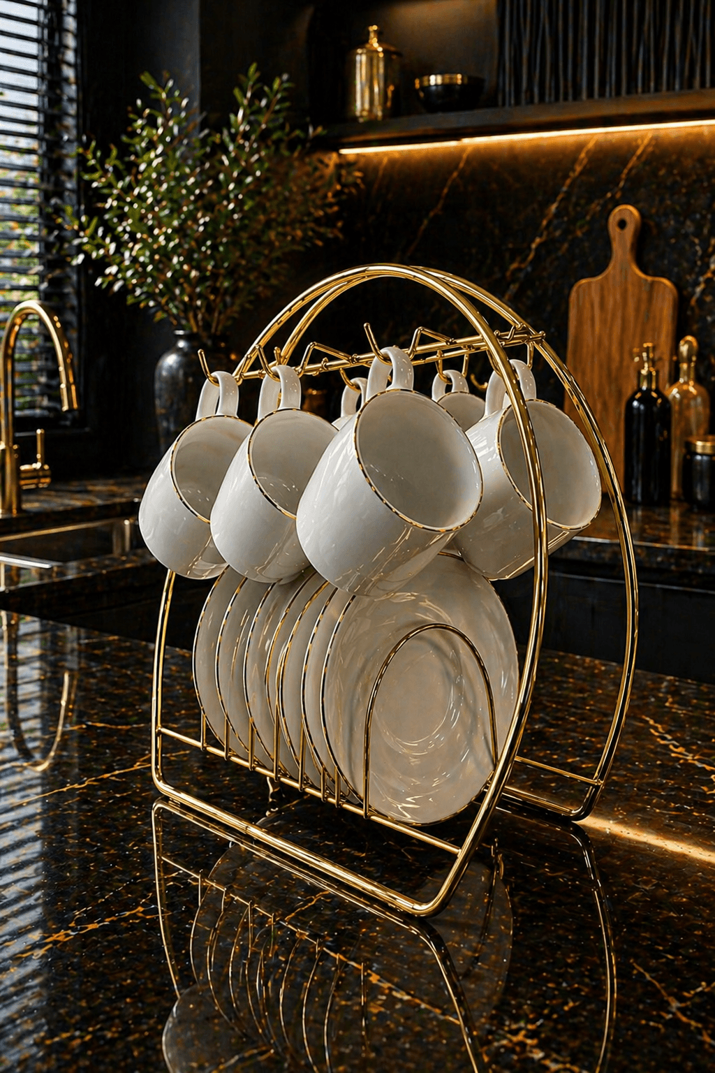 fincantakımı Ottique Seramik Kahve Fincanı Takımı – Gold Detaylı 6 Kişilik Seti (Stand Hariç) - Görsel 1