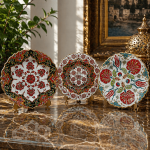 El İşçiliği Pembe Floral Motifli Çini Tabak Seti – Altın Yaldızlı Dekoratif Koleksiyon Ürünü