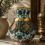 Ottique El Yapımı Çini Vazo – İznik Desenli, Altın Yaldızlı, Dekoratif Salon & Konsol Vazosu