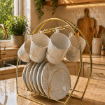 Ottique Porselen Kahve Fincanı Takımı – Gold Desenli 6 Kişilik Seti  (Stand Hariç)