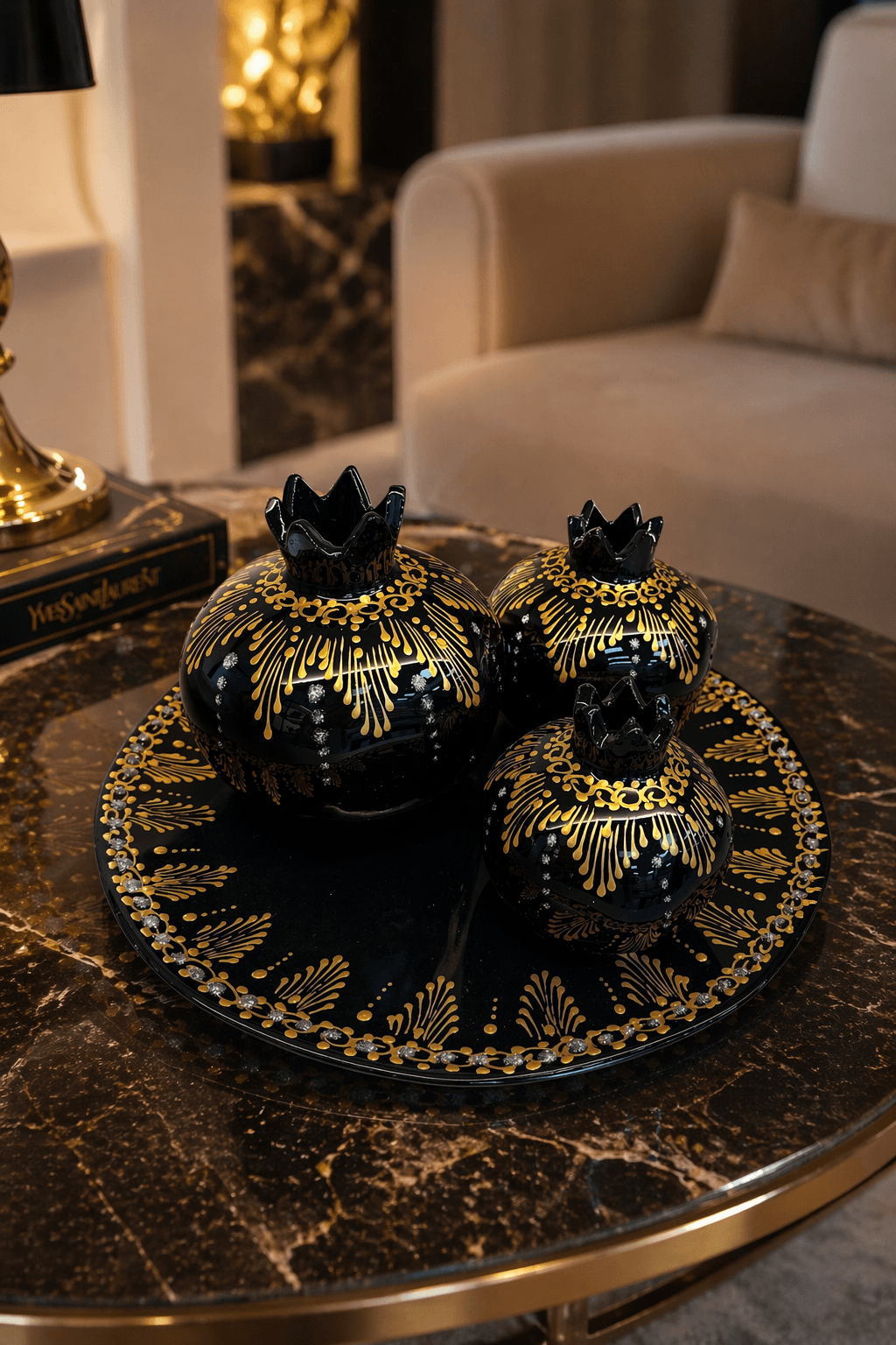 ottiqueseri2 (34) Ottique Dekoratif Nar Seti – Siyah Gold Detaylı 3’lü Sunumluk - Görsel 1