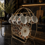Ottique 6 Kişilik Desenli Porselen Kahve Fincan Takımı – Gold Detaylı Şık Sunum  (Stand Hariç)