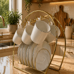 Ottique Gold Çerçeveli Beyaz Fincan Takımı – 6 Kişilik Porselen Kahve Seti  (Stand Hariç)