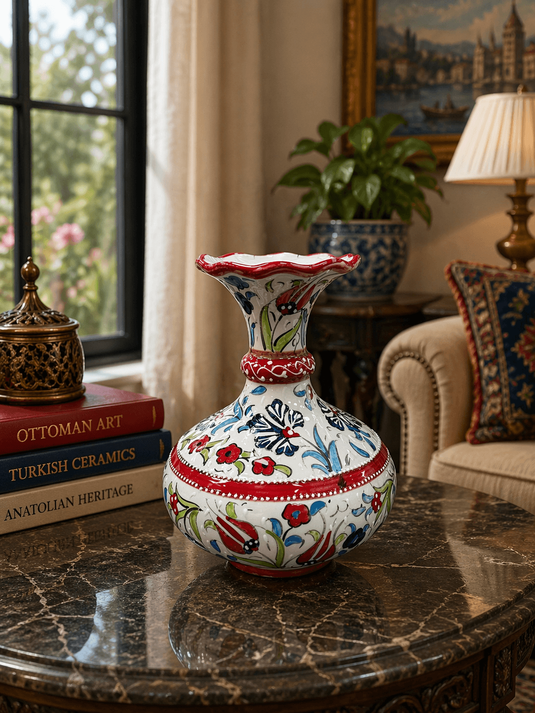 ottiqueseri2 (58) Ottique El İşçiliği Çini Vazo – Klasik Desenli Dekoratif Salon Vazosu - Görsel 1