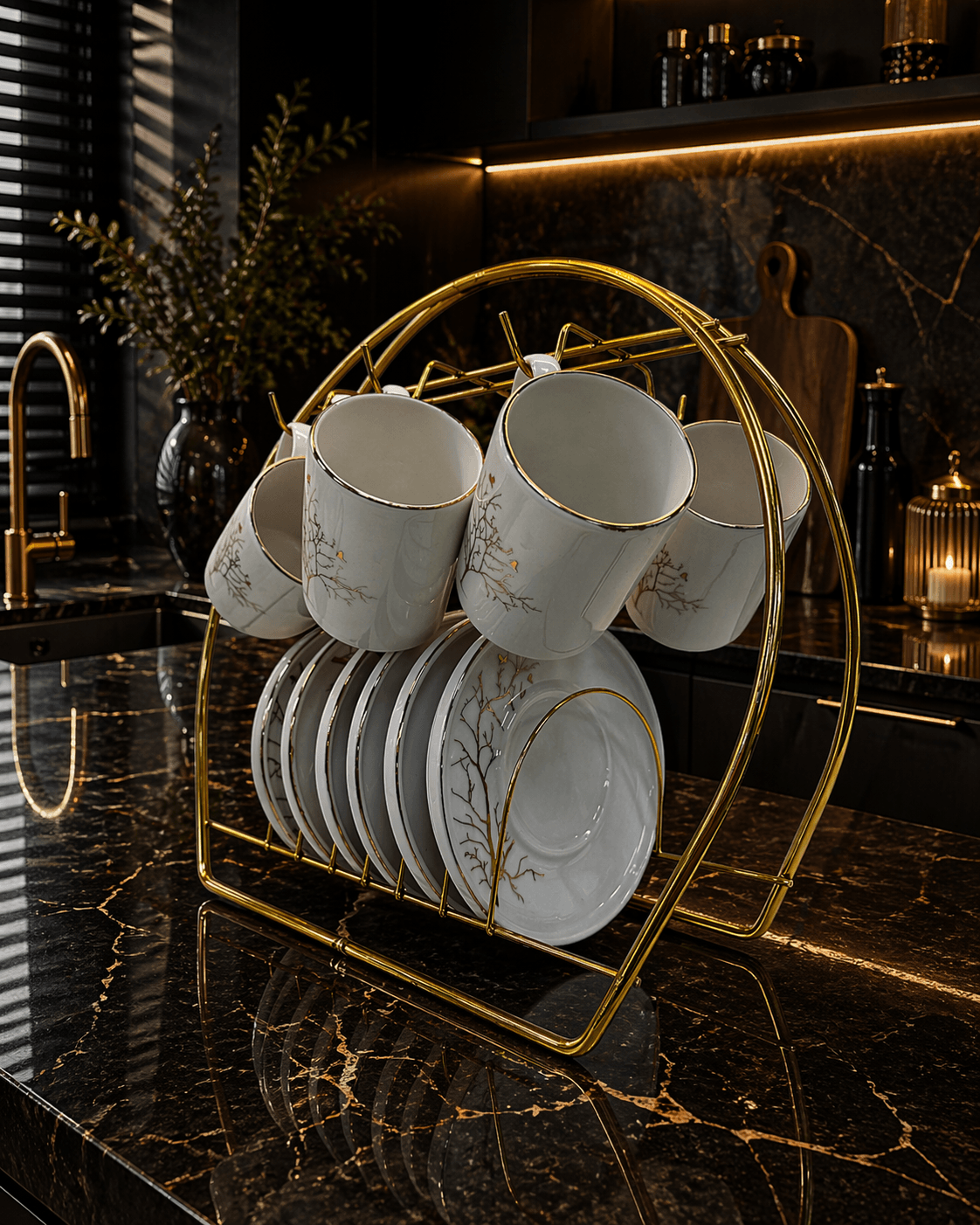 ottiqueseri2 (75) Ottique Gold Detaylı Beyaz Porselen Kahve Fincan Takımı – 6 Kişilik (Stand Hariç) - Görsel 1