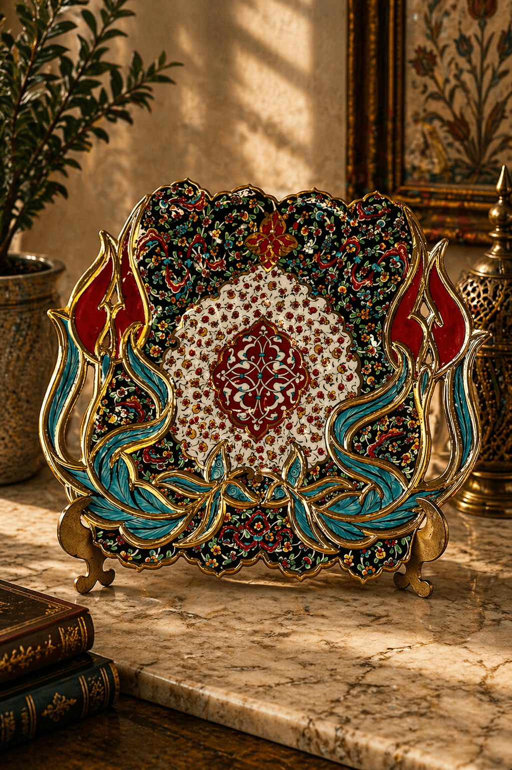ottiqueseri2 (8) Ottique El İşlemeli Altın Lale Motifli Dekoratif Çini Tabak – Özel Tasarım - Görsel 1