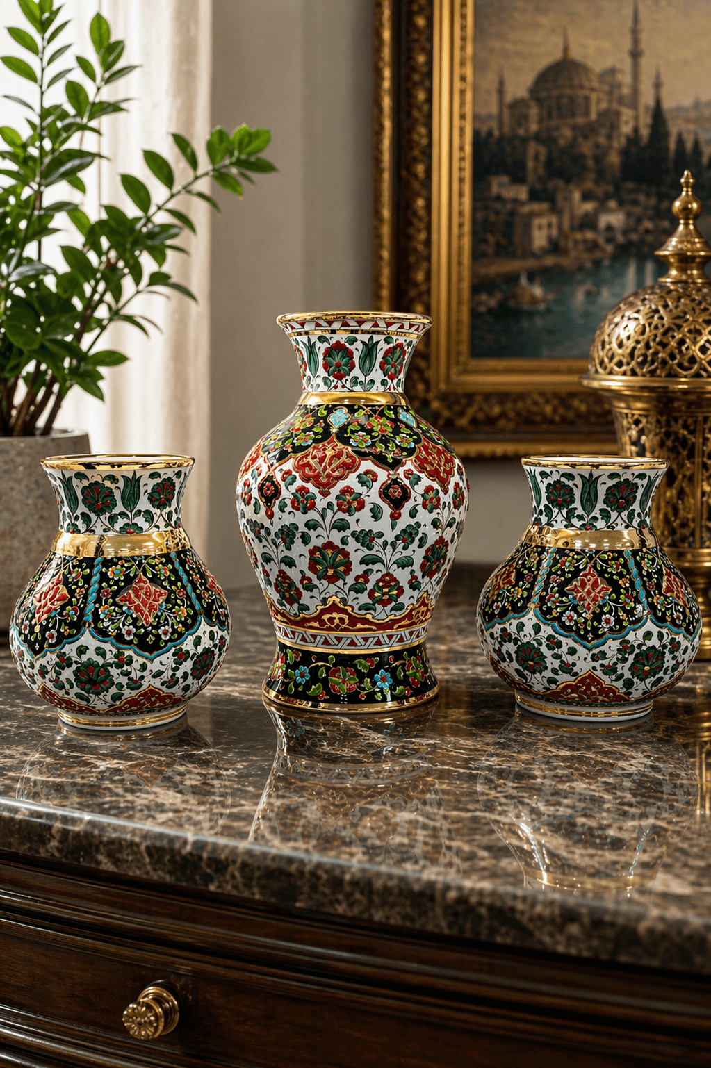 ottiqueseri2 (87) Ottique 27 cm İkili 45 Cm Orta Vazo 3’lü Çini Vazo Seti – Osmanlı Motifli Dekoratif Koleksiyon - Görsel 1